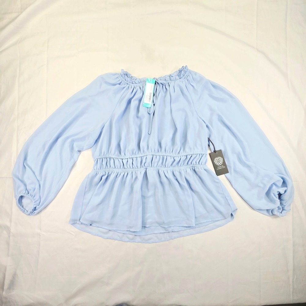 Vince Camuto Women's Smocked Waist Peplum Blouse Size Medium Blue Bishop Sleeve